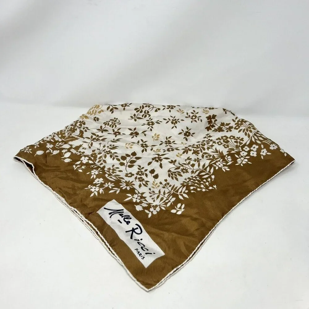 Melle Ricci Square Scarf 100% Silk Brown‎ Cream Gold Floral Bandanna 31